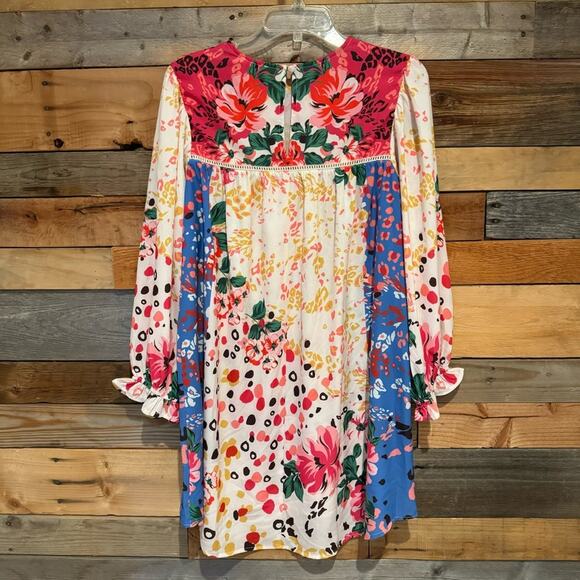 UMGEE Mixed Print Crochet Trim Dress Cream/Blue Floral Animal Print S Coquette - Picture 10 of 13